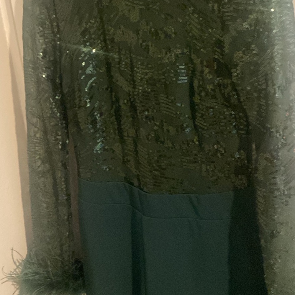 Lulu's Limitless Radiance Green Sequin Feather Long Sleeve Jumpsuit Size Medium